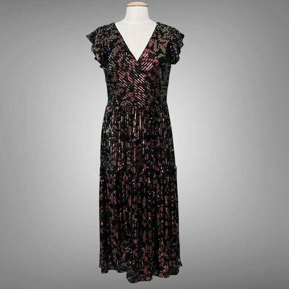 LOFT‎ Womens Dress 8 Black Colorful Sequin Flutter Tiered Midi Whimsical Fairy - Picture 1 of 15
